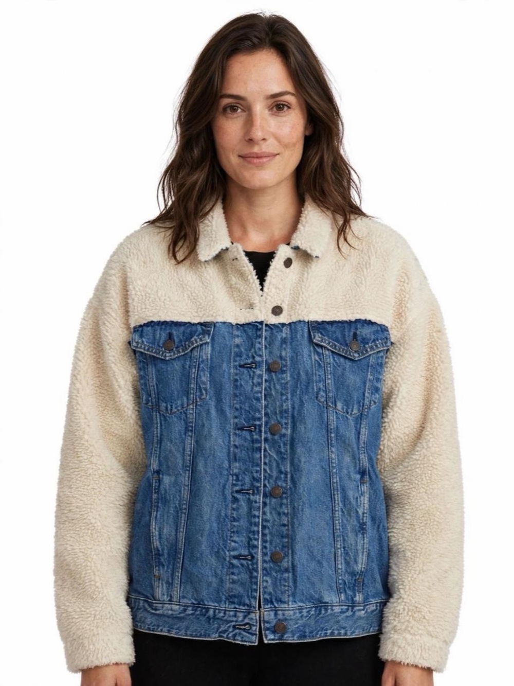 American Eagle Sherpa Denim Trucker Jacket - Size L - Cream & Blue